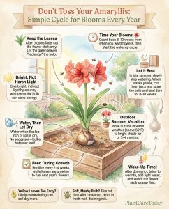 Amaryllis reblooming care infographic showing annual growth cycle stages with timeline