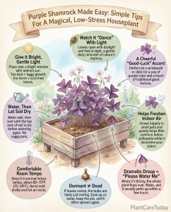 Purple Shamrock infographic showing leaf movement cycle and basic care requirements with illustrations