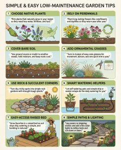 Low-maintenance lawn alternatives infographic showing design layouts and plant options for easy-care front yards