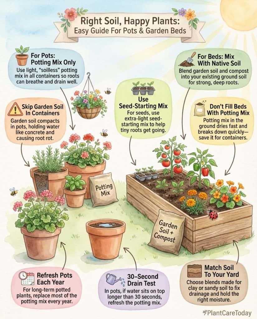 Container soil infographic comparing garden soil vs potting mix with drainage illustrations