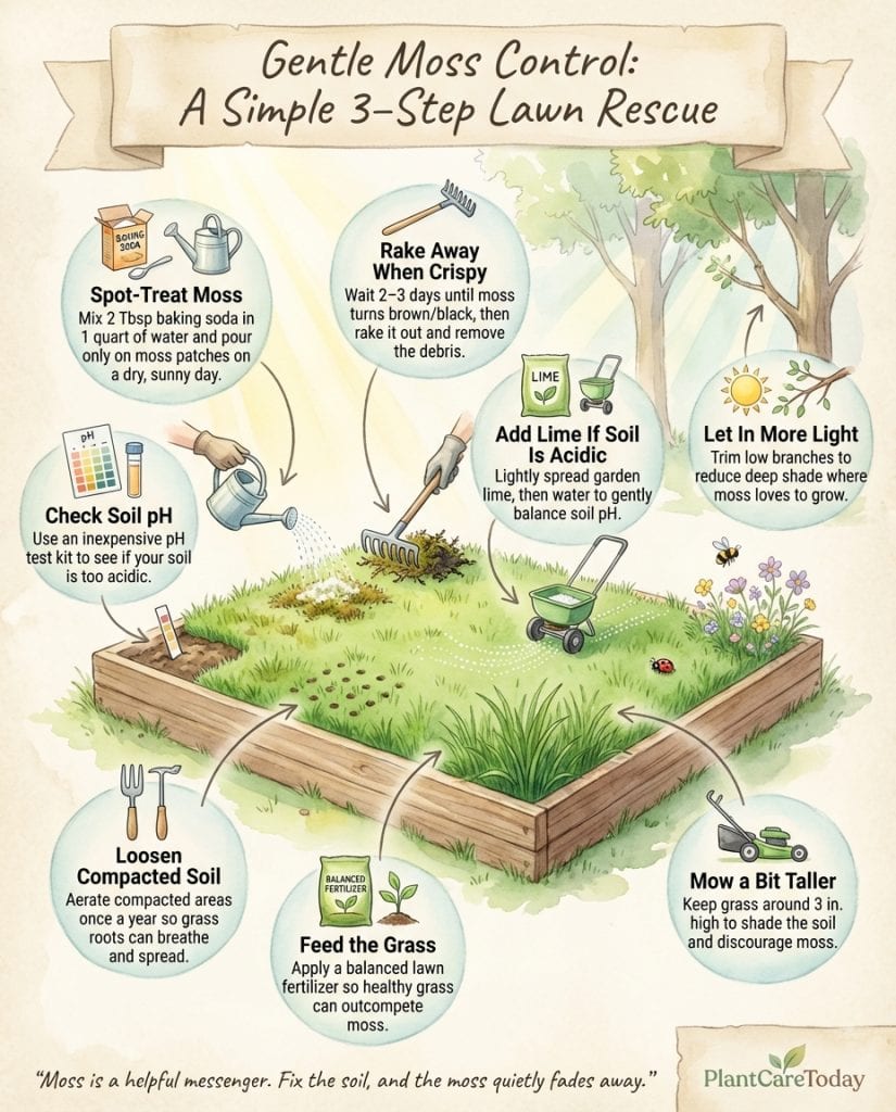 Lawn moss treatment infographic showing soil pH correction steps with pantry ingredient application method
