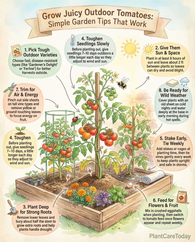 Infographic comparing outdoor vs greenhouse tomato growing with variety recommendations and care tips