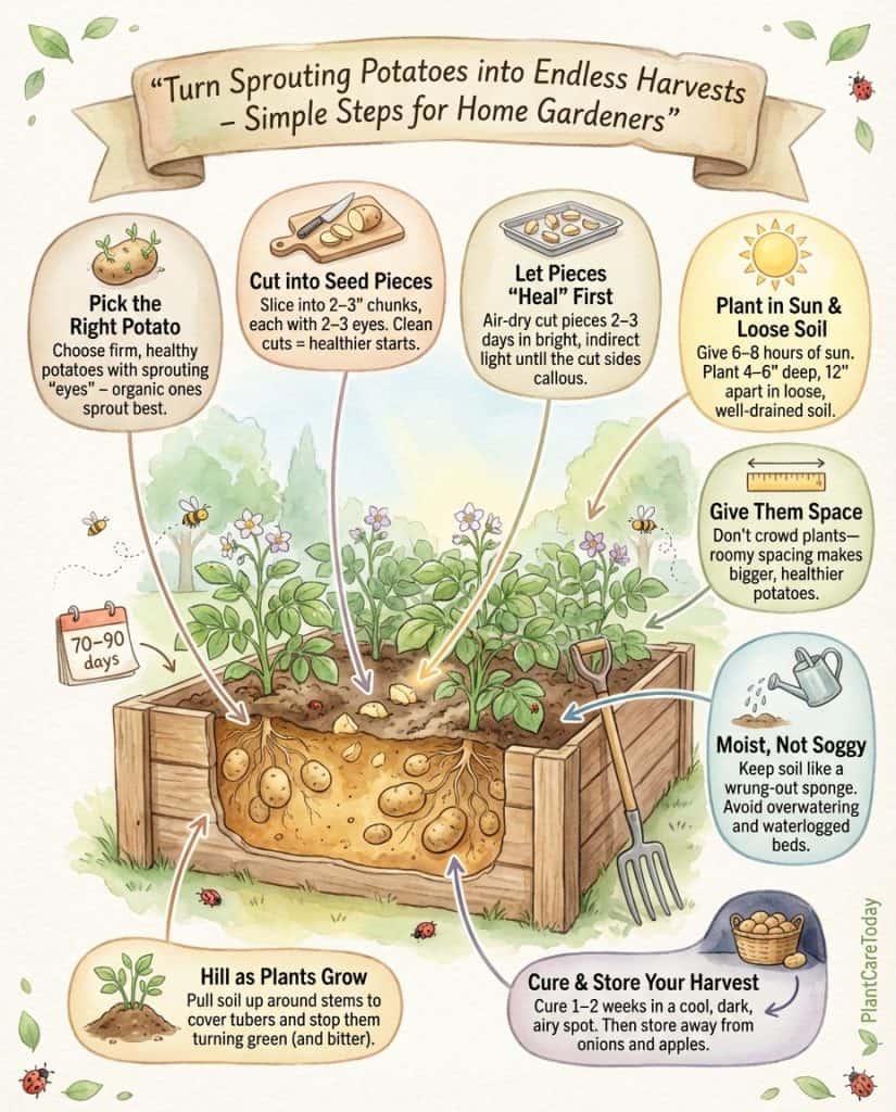 Potato growing infographic showing steps to plant sprouted potatoes from kitchen scraps to harvest