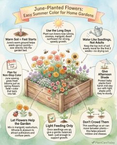 Infographic displaying eleven annual flowers suitable for June planting with growing details