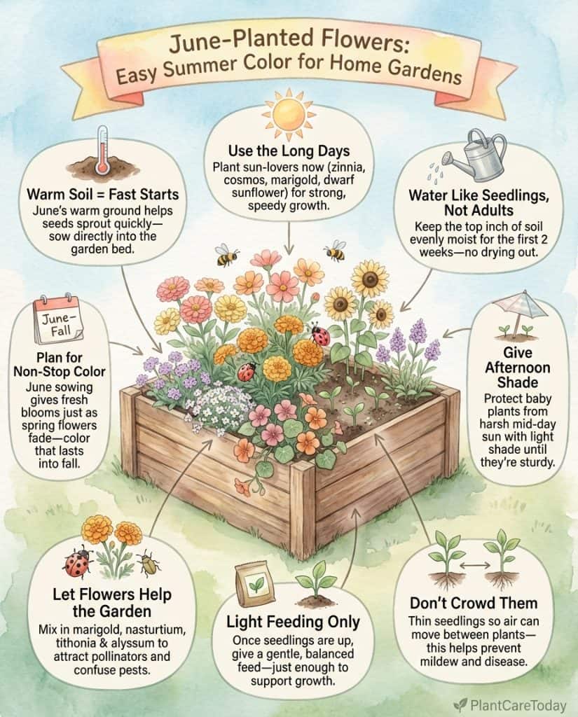 Infographic displaying eleven annual flowers suitable for June planting with growing details