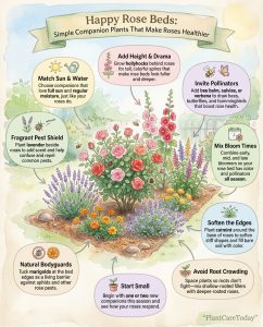 Infographic showing rose companion planting combinations with layout diagrams and pest reduction benefits