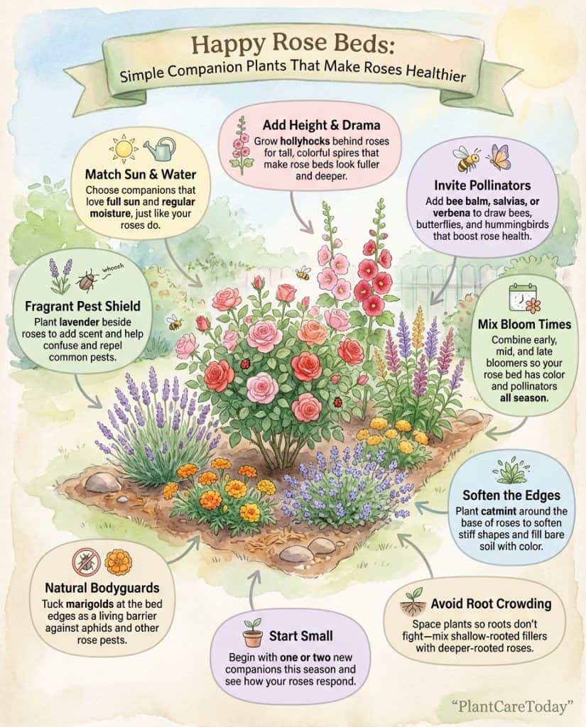 Infographic showing rose companion planting combinations with layout diagrams and pest reduction benefits