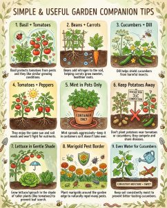 Tomato companion planting infographic showing beneficial and harmful plant pairings with garden layout
