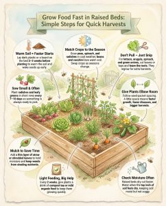 Infographic displaying nine fast-growing vegetables for raised bed gardens with harvest timelines