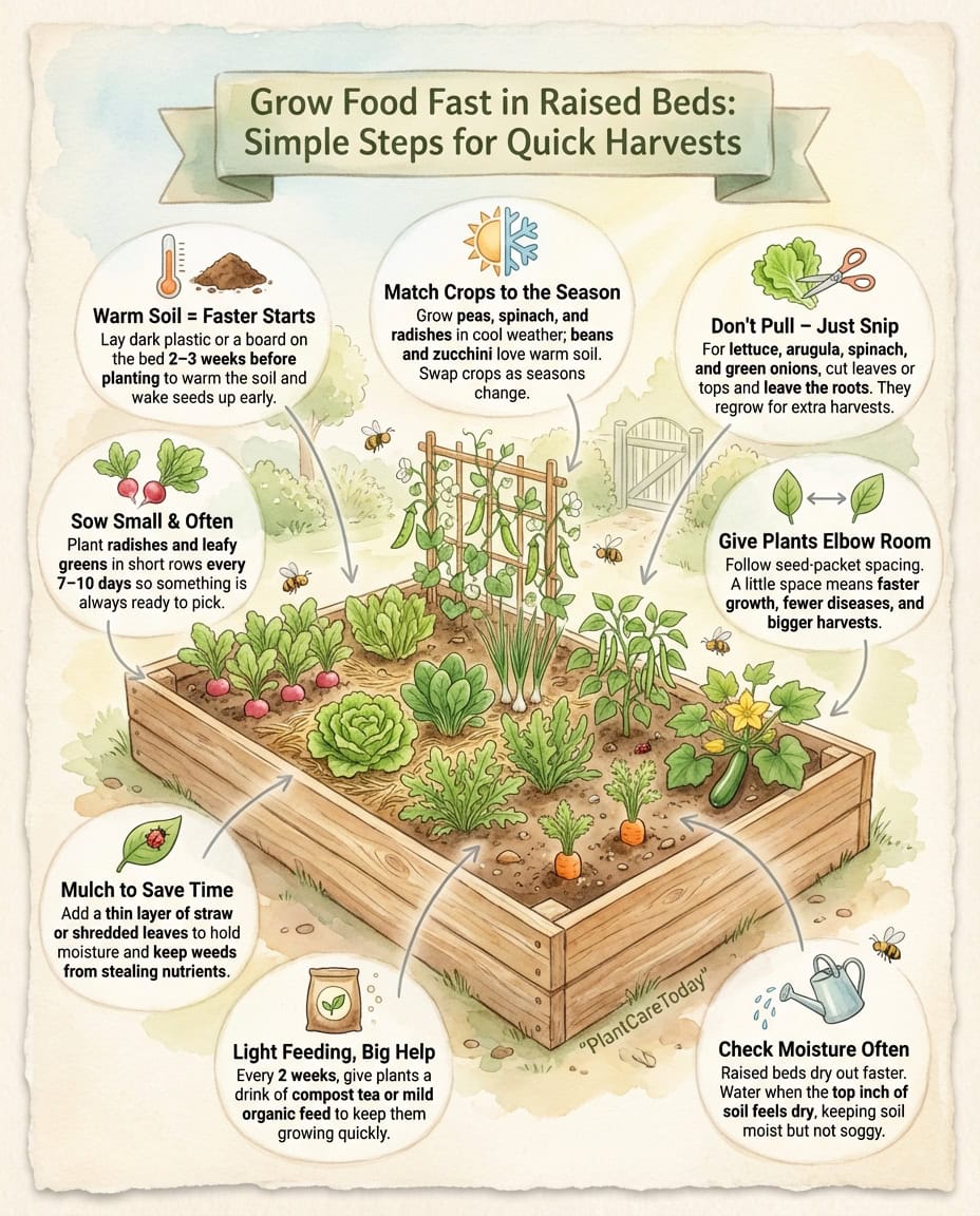 Infographic displaying nine fast-growing vegetables for raised bed gardens with harvest timelines