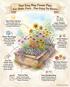 Infographic displaying 14 May-planting flowers with images and seasonal blooming information