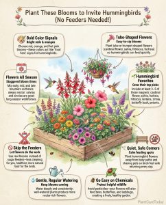 Infographic displaying nine hummingbird-attracting flower varieties with visual plant identification guides