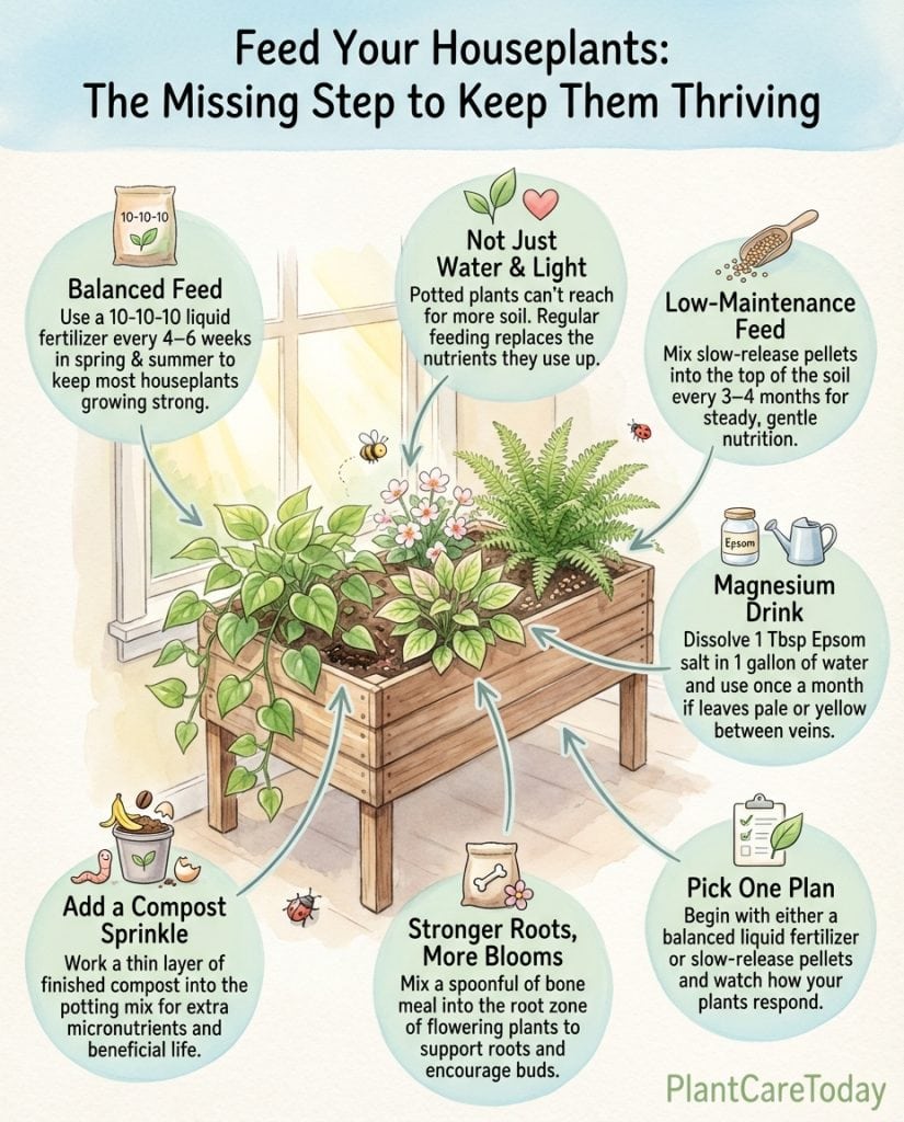 Houseplant fertilization infographic showing nutrient depletion timeline and feeding schedule guidelines