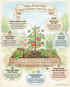 Raised bed crop rotation infographic showing soil health practices versus traditional rotation methods
