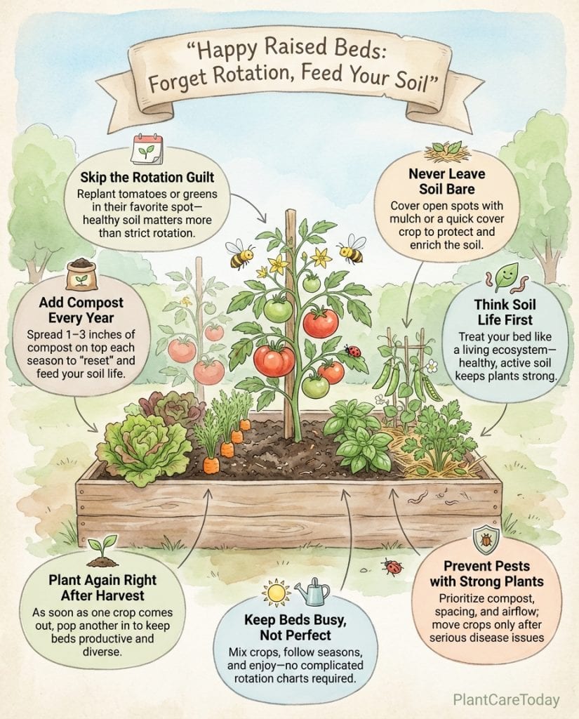 Raised bed crop rotation infographic showing soil health practices versus traditional rotation methods