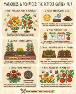 Tomato companion planting infographic showing marigold placement guide and pest prevention benefits