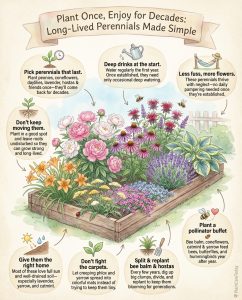 Infographic displaying nine long-lived perennial plants with lifespan information and photos