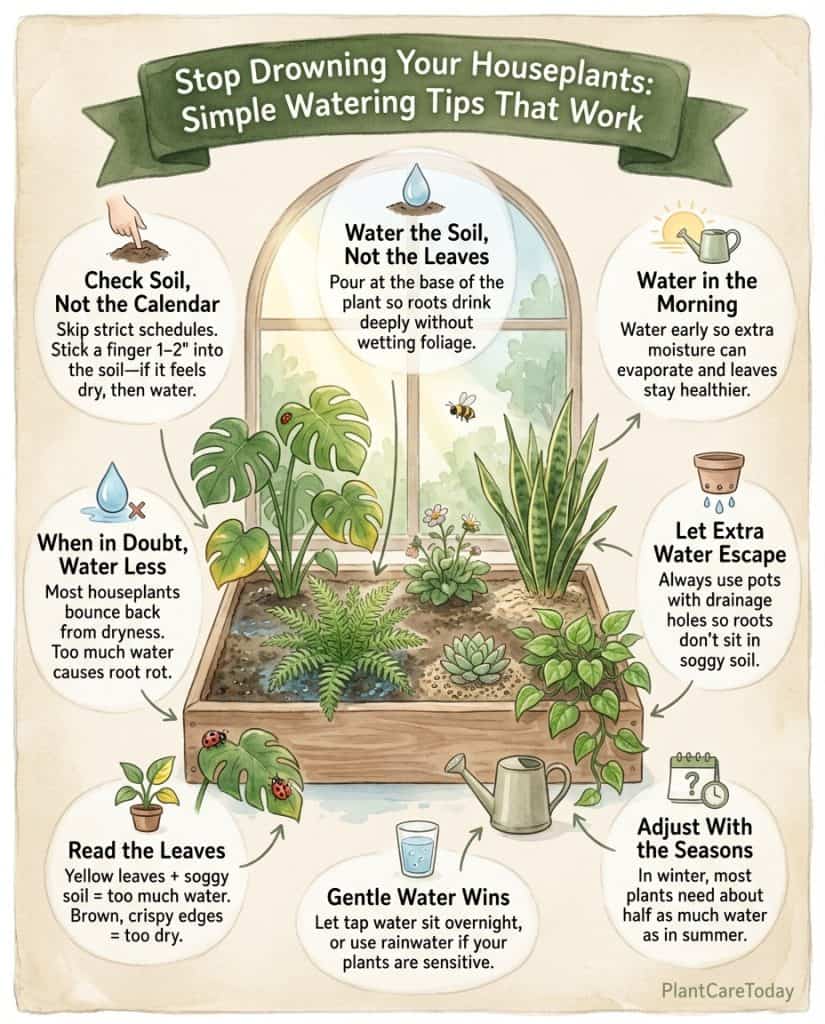 Houseplant watering infographic demonstrating finger test method with soil moisture level indicators