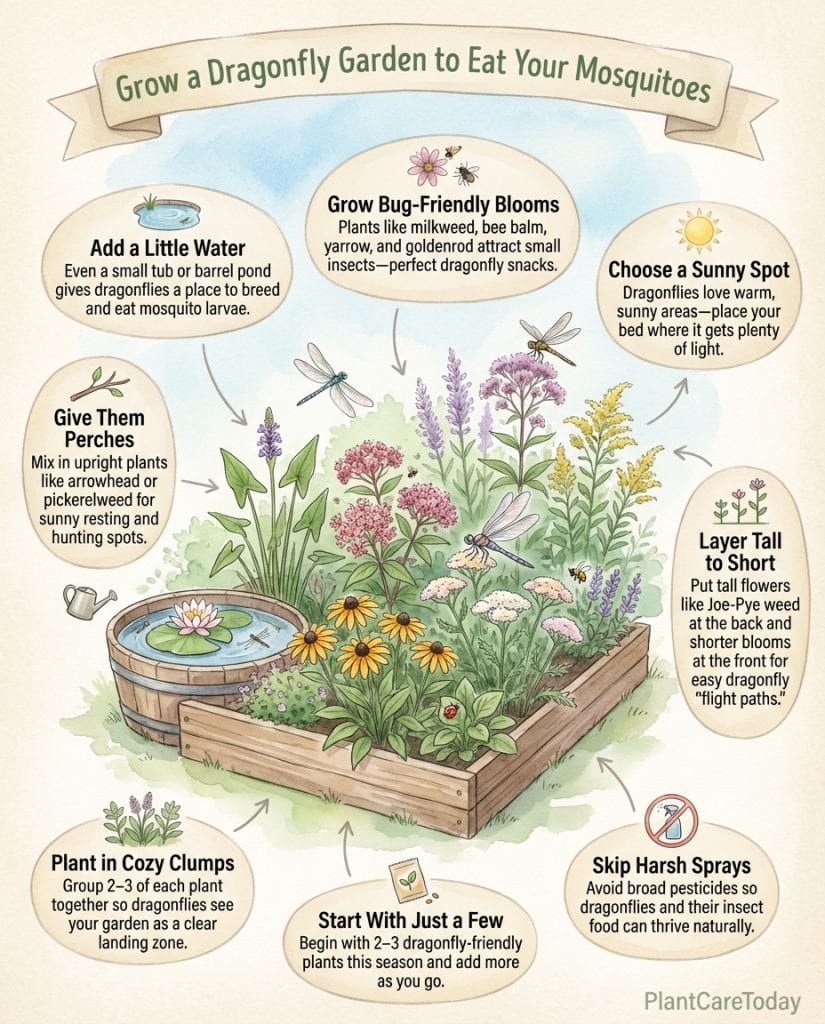 Infographic showing 11 plants that attract dragonflies with water feature setup instructions