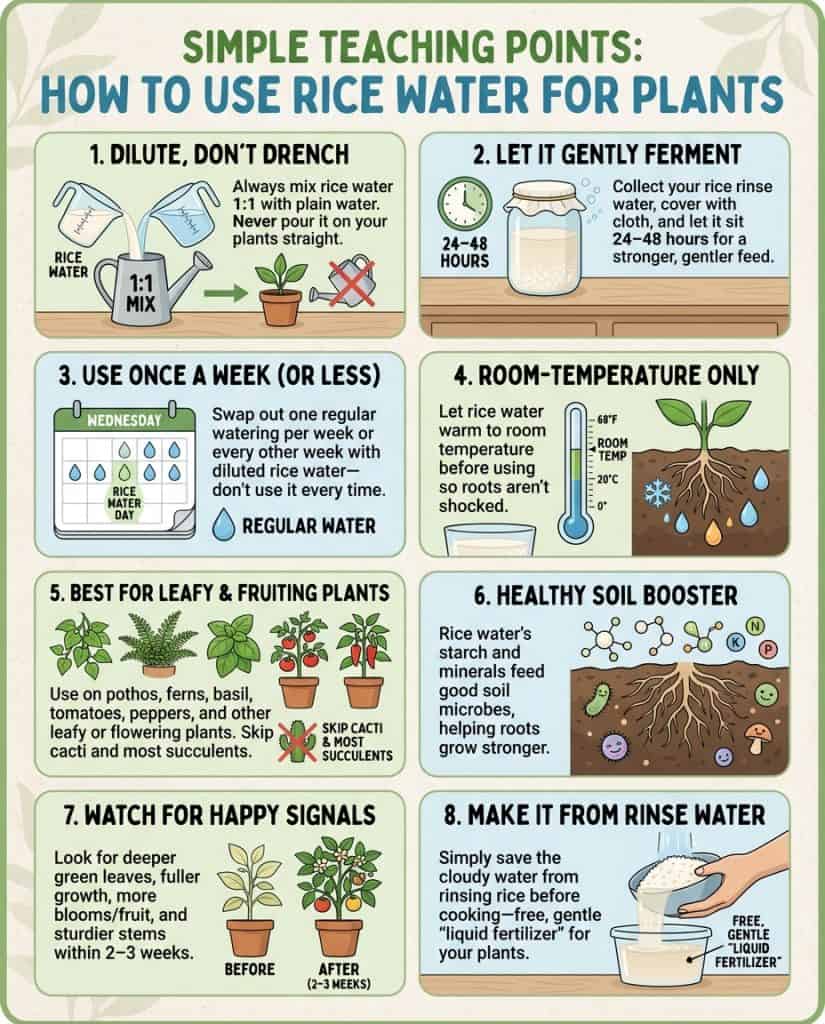 Infographic showing rice water fertilizer process for houseplants with nutrient breakdown chart