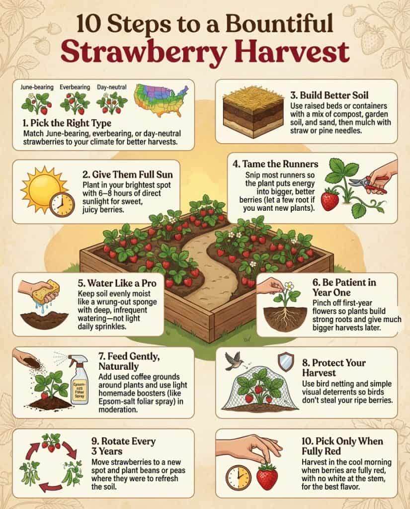 Strawberry growing infographic showing variety comparison chart and runner maintenance illustrations