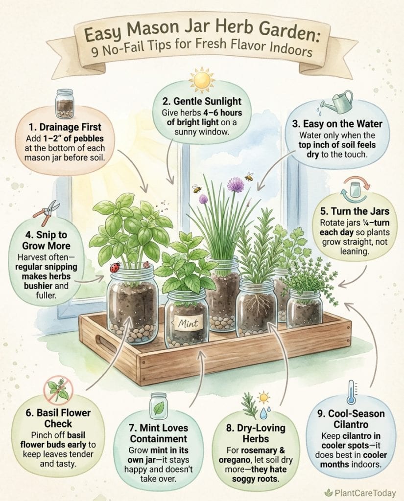 Infographic displaying nine herbs suitable for mason jar windowsill growing with care instructions