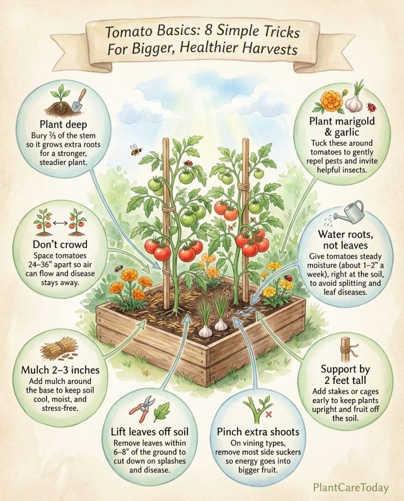 Tomato planting infographic demonstrating deep burial method with root development comparison diagrams