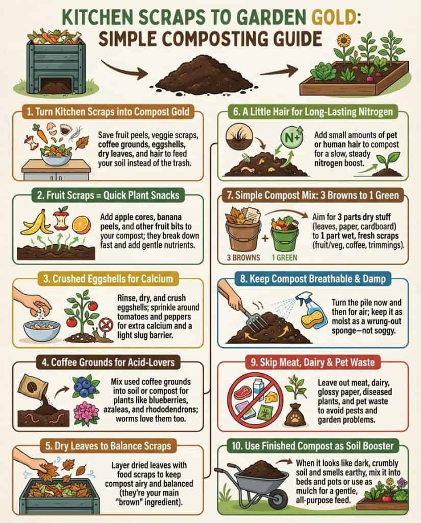 Kitchen scrap composting infographic displaying five common household items and their garden uses