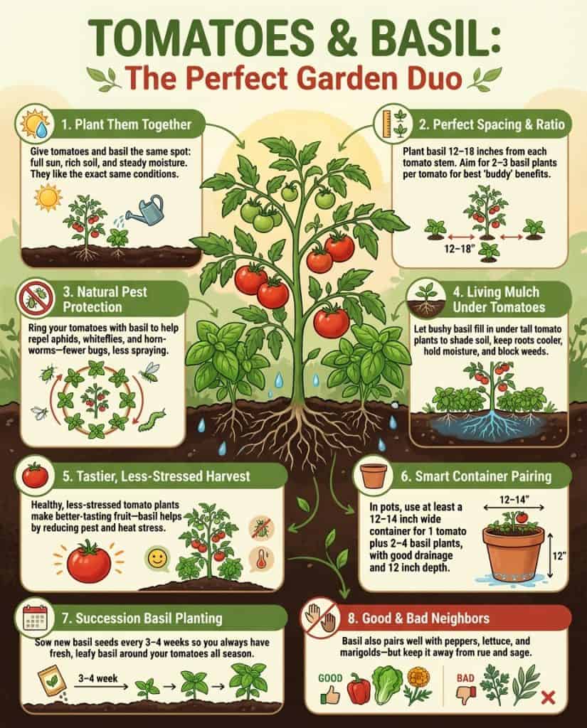 Tomato and basil companion planting infographic showing spacing guidelines and pest reduction benefits