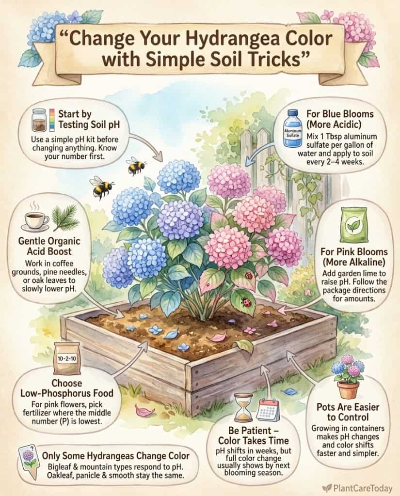 Hydrangea color change infographic showing soil pH effects on bloom colors with visual comparison chart