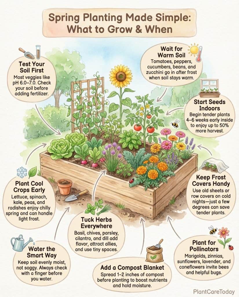 Spring planting timeline infographic showing optimal growing periods for early, mid, and late season flowers and vegetables