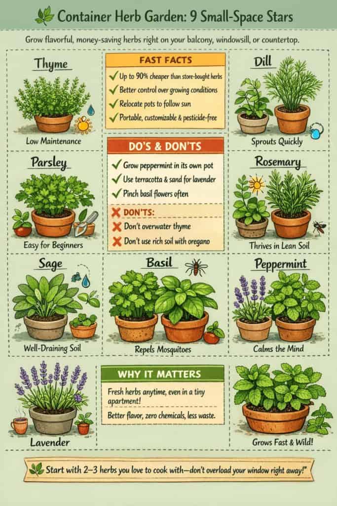 Small space? No problem. Container herbs like basil, thyme, and parsley thrive when you give them good drainage and plenty of sun. Start with just 2–3 favorites you actually cook with, and you’ll be surprised how much flavor fits on a windowsill