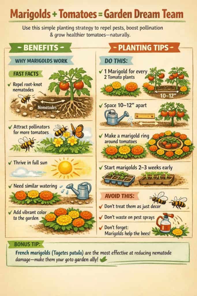 Tomatoes grow better with friends. Planting marigolds nearby helps repel pests, attracts pollinators, and adds color at the same time. Think of them as tiny garden bodyguards that also make your beds look better 🍅🌼