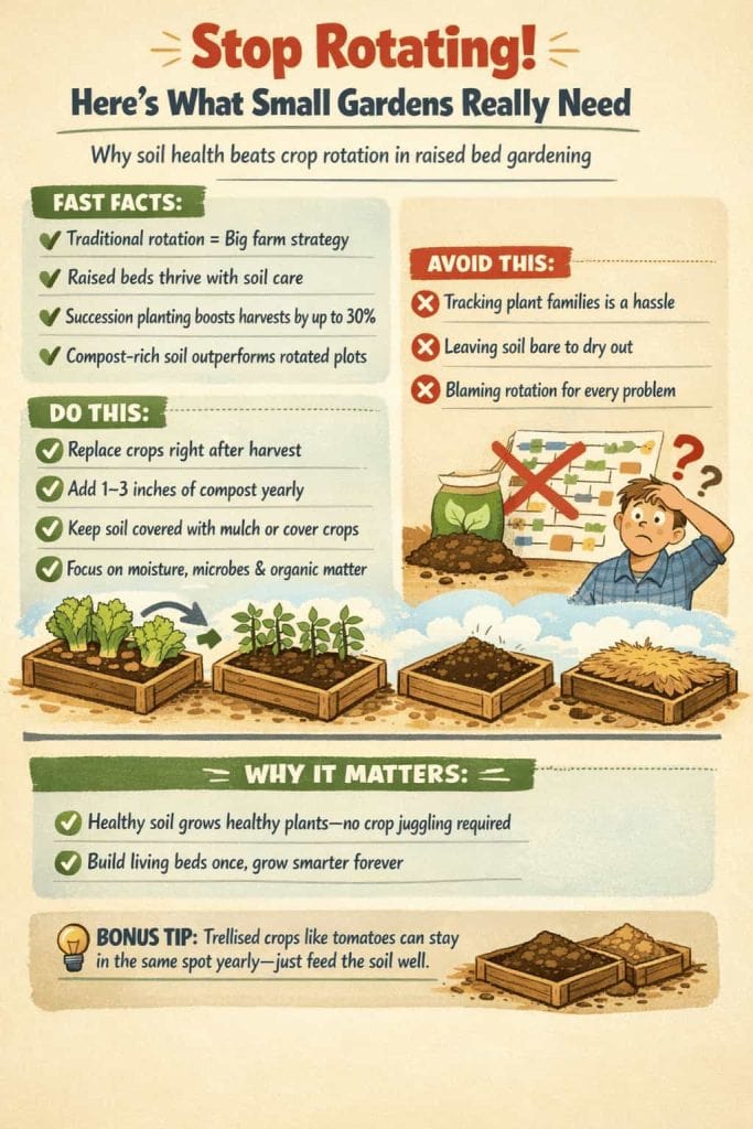 Crop rotation isn’t always the hero in small gardens. Healthy soil matters more. Keep beds covered, add compost every year, and replant quickly after harvest. Feed the soil well, and it’ll take care of your plants for you
