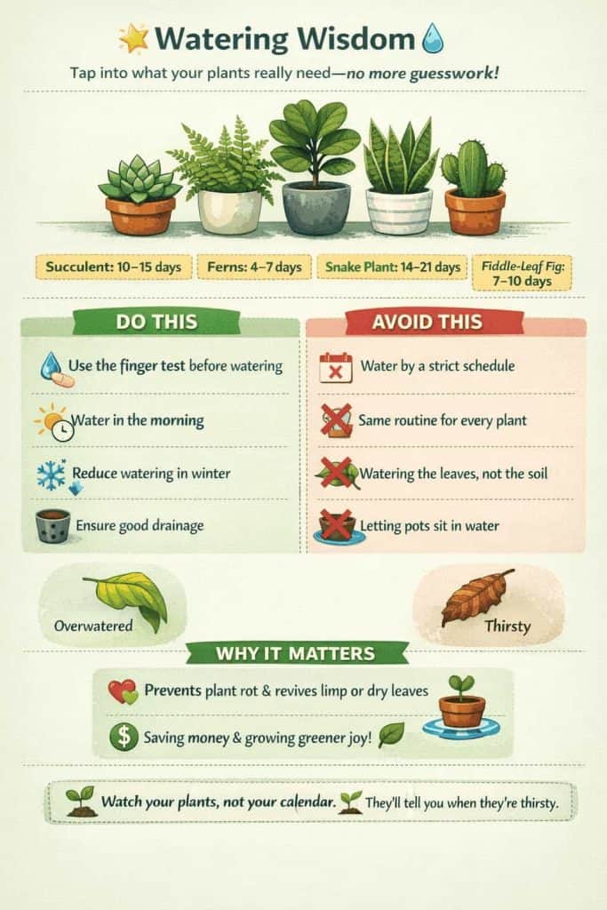 Watering on a schedule is how most plants get drowned. Check the soil instead, water in the morning, and make sure pots drain freely. Your plants will tell you when they’re thirsty—no calendar required 💧