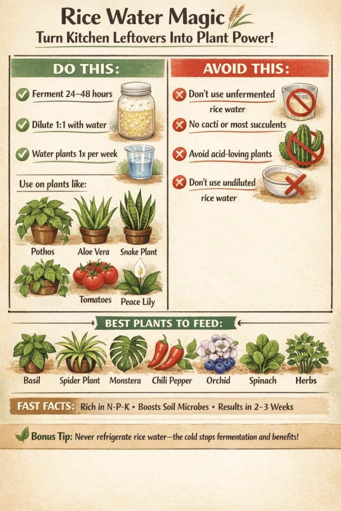 That leftover rice water can actually help your plants—if you do it right. Ferment it, dilute it, and use it sparingly on leafy or flowering plants. Skip cacti and never pour it on straight 🍚🌿