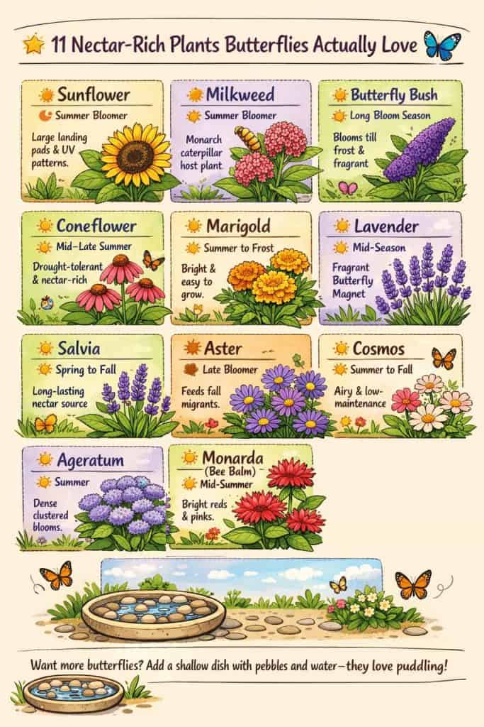 Butterflies don’t just want flowers—they want variety. Nectar-rich plants like milkweed, coneflower, and salvia keep them coming all season. Add a shallow water dish with pebbles, and you’ll have visitors for weeks 🦋🌼
