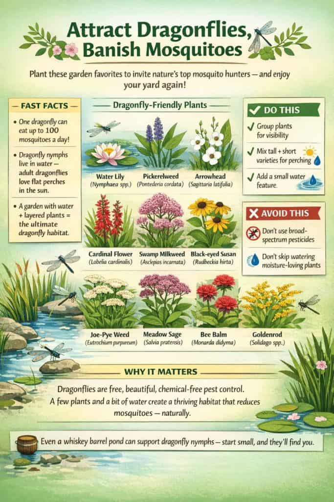 Mosquito control doesn’t have to come in a spray bottle. Dragonflies are one of nature’s best hunters, and they stick around when you give them water, sunny perches, and layered plants. Even a small pond or barrel can turn your yard into a mosquito-eating zone 🐉💧