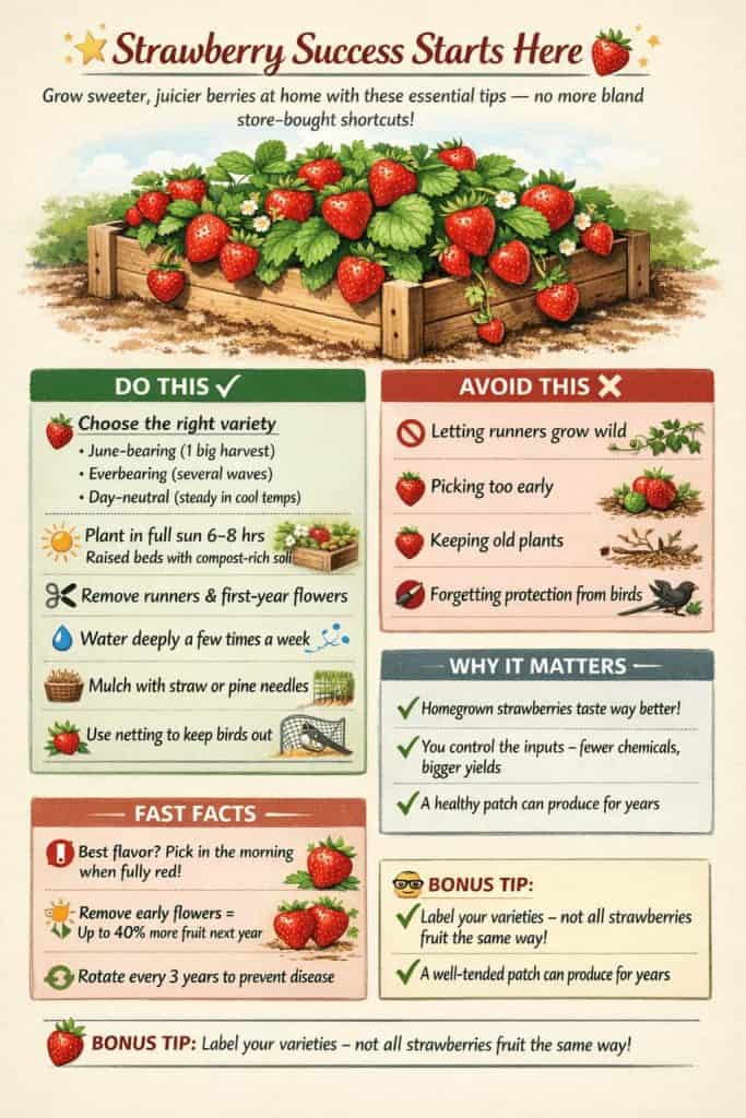 Sweet strawberries start with a little restraint. Choose the right variety, give them full sun, and don’t be afraid to remove runners early. That extra patience pays off with bigger harvests and berries that actually taste like strawberries 🍓